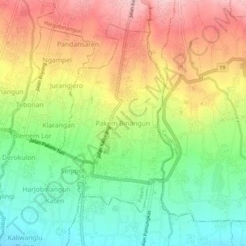 Carte topographique Pakem Binangun, altitude, relief