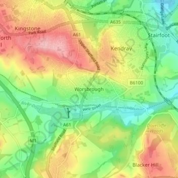 Carte topographique Worsbrough, altitude, relief