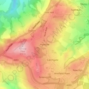 Carte topographique Harelaw, altitude, relief