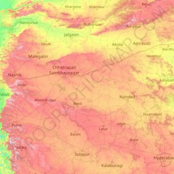 Carte topographique Maharashtra, altitude, relief