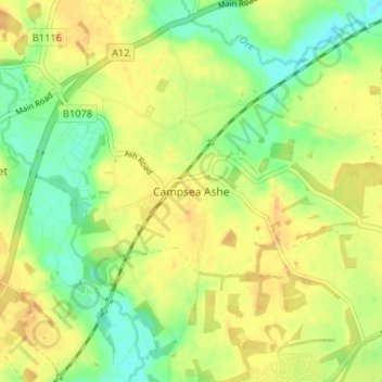 Carte topographique Campsea Ashe, altitude, relief
