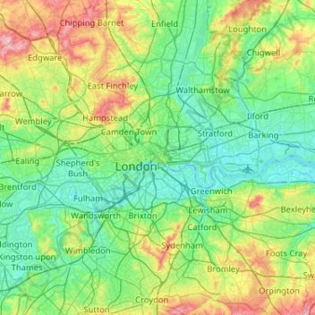 Carte topographique Cité de Londres, altitude, relief