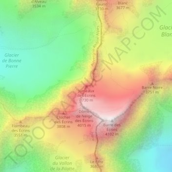 Carte topographique Jumeaux des Écrins, altitude, relief