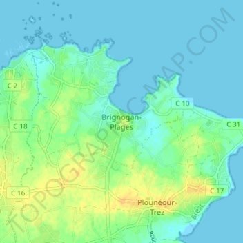 Carte topographique Brignogan-Plages, altitude, relief
