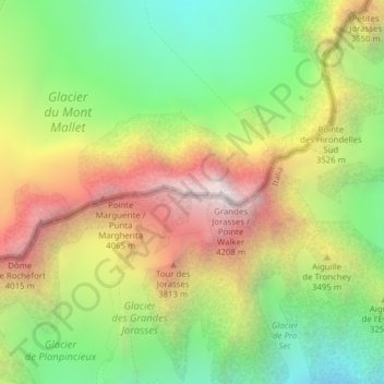 Carte topographique Grandes Jorasses/ Pointe Whymper, altitude, relief