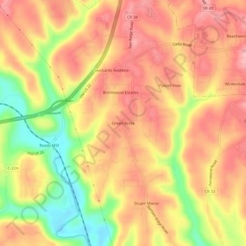 Carte topographique Green Acres, altitude, relief