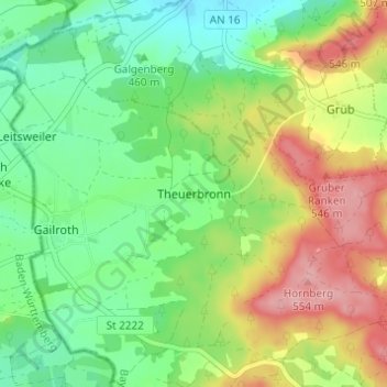 Carte topographique Theuerbronn, altitude, relief