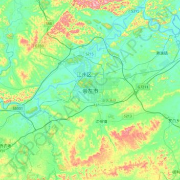 Carte topographique Chongzuo, altitude, relief