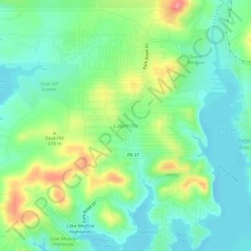 Carte topographique Lakehills, altitude, relief