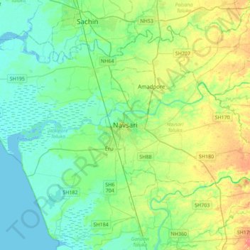 Carte topographique Navsari, altitude, relief