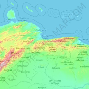 Carte topographique Carabobo, altitude, relief