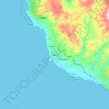 Carte topographique Pafos, altitude, relief