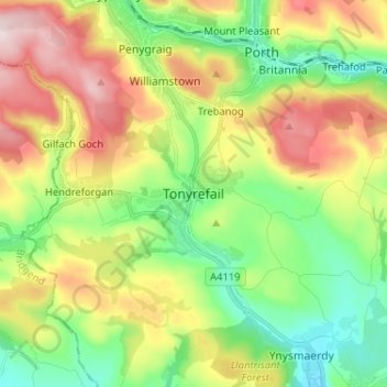 Carte topographique Tonyrefail, altitude, relief