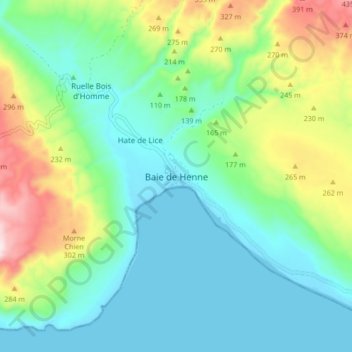 Carte topographique Baie de Henne, altitude, relief