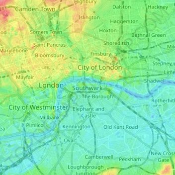 Carte topographique Southwark, altitude, relief