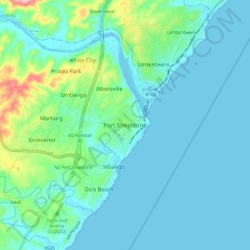 Carte topographique Port Shepstone, altitude, relief