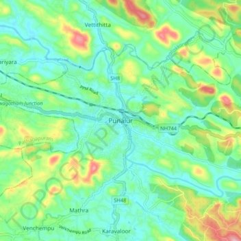 Carte topographique Punalur, altitude, relief