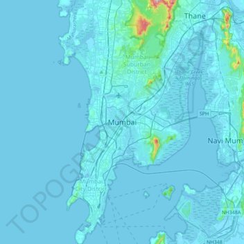 Carte topographique Mumbai, altitude, relief