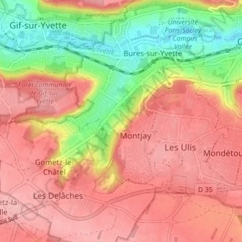 Carte topographique Bures-Montjay, altitude, relief