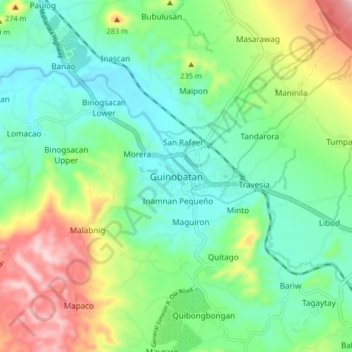 Carte topographique Guinobatan, altitude, relief
