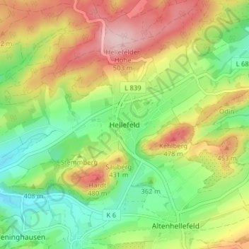 Carte topographique Hellefeld, altitude, relief