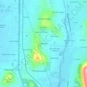 Carte topographique South Gate, altitude, relief
