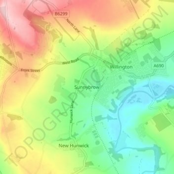 Carte topographique Sunnybrow, altitude, relief