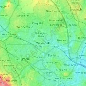 Carte topographique Willenhall, altitude, relief