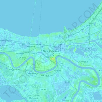 Carte topographique New Orleans, altitude, relief