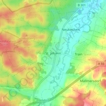 Carte topographique St. Johann, altitude, relief