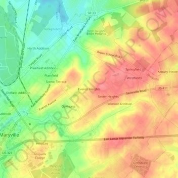 Carte topographique Everett Heights, altitude, relief