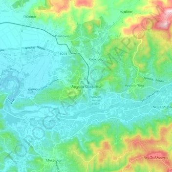 Carte topographique Ancienne-Olympie, altitude, relief