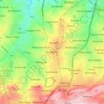 Carte topographique Rosebank, altitude, relief