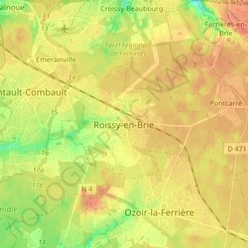 Carte topographique Roissy-en-Brie, altitude, relief