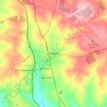 Carte topographique Piet Retief, altitude, relief