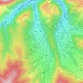 Carte topographique Fuilla del Mitg, altitude, relief