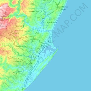 Carte topographique Durban, altitude, relief