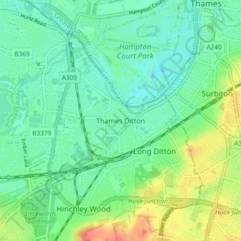 Carte topographique Thames Ditton, altitude, relief