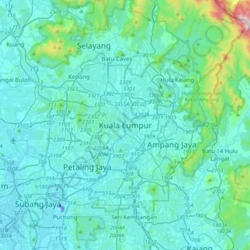 Carte topographique Kuala Lumpur, altitude, relief