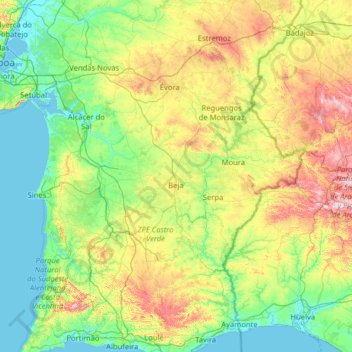 Carte topographique Região do Alentejo, altitude, relief