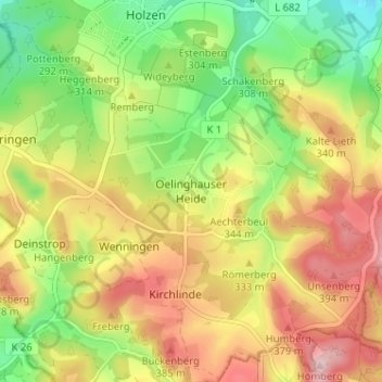 Carte topographique Oelinghauser Heide, altitude, relief