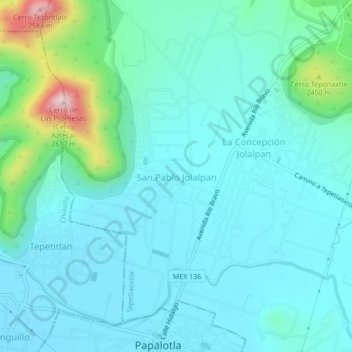 Carte topographique San Pablo Jolalpan, altitude, relief