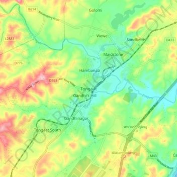 Carte topographique Tongaat, altitude, relief