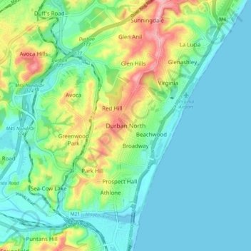 Carte topographique Durban North, altitude, relief