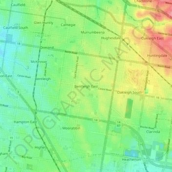 Carte topographique Bentleigh East, altitude, relief