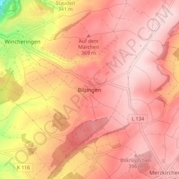 Carte topographique Bilzingen, altitude, relief