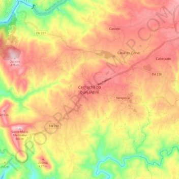 Carte topographique Cernache do Bonjardim, altitude, relief