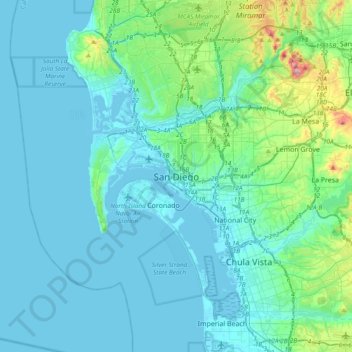 Carte topographique San Diego, altitude, relief