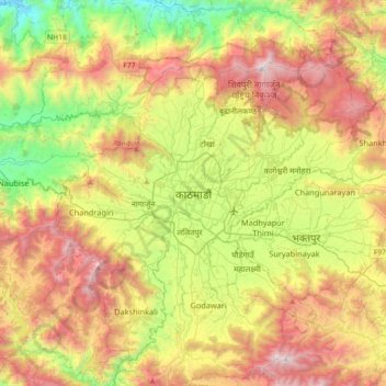 Carte topographique Katmandou, altitude, relief