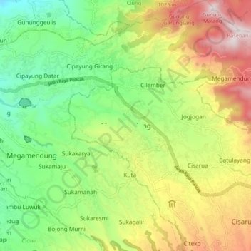 Carte topographique Megamendung, altitude, relief